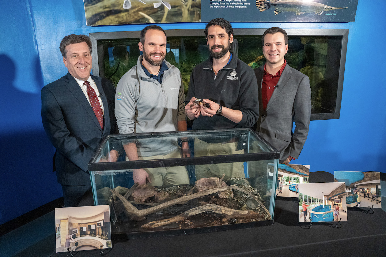 From left, National Grid Regional Director Ken Kujawa and Jurisdiction Manager Marc Gschwend talk turtles - spotted turtles, that is - with Aquarium of Niagara Curator of Fish and Invertebrates Rafael Calderon and President/CEO Gary Siddall. Spotted turtles are among the many species to be featured in the aquarium's new `Great Lakes 360` exhibit. (Submitted photo)