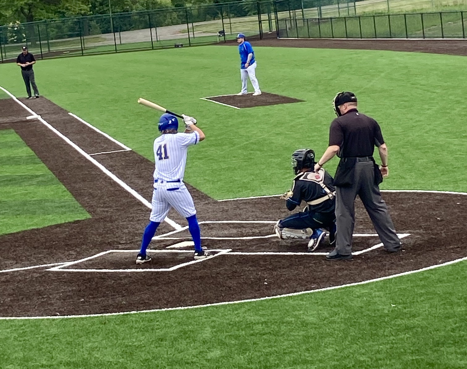 Niagara Power second baseman Billy Morris, a sophomore at D'Youville University, steps up to the plate at the upgraded and rededicated Sal Maglie Stadium. The entire field has been converted to artificial turf. The Power Play in the Perfect Game Collegiate Baseball League.