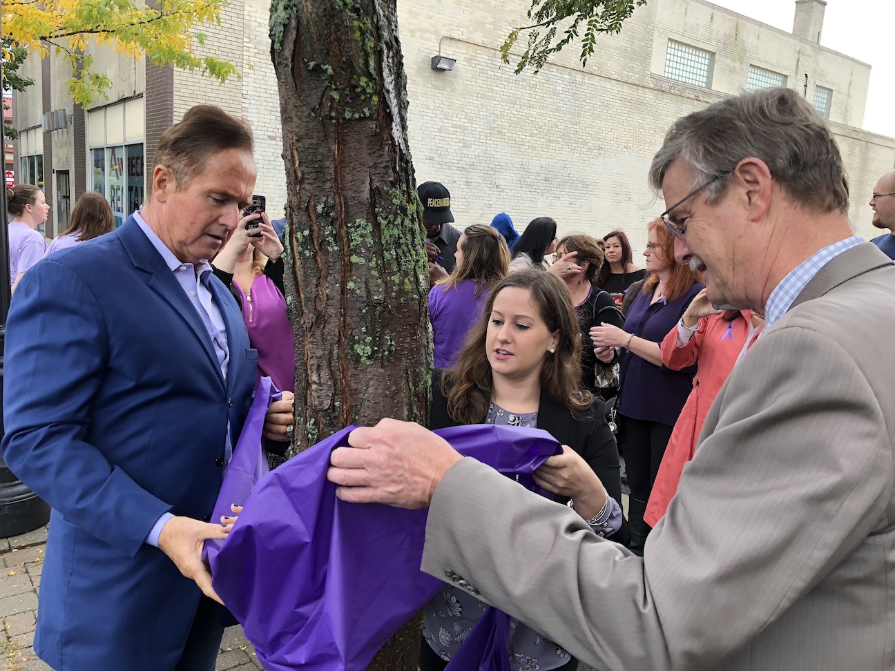 Passage House Director Larissa Bachman helps Congressman Brian Higgins and Niagara Falls Mayor Paul Dyster tie a purple ribbon around a tree on Third Street. The marker is to raise awareness about domestic violence. (Photos by Joshua Maloni)