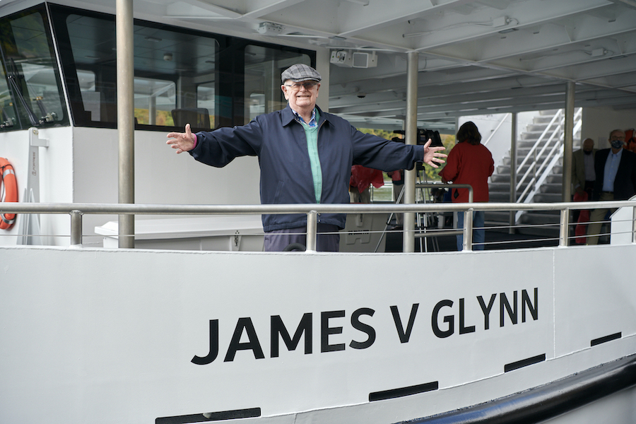 James V. Glynn on the new Maid of the Mist electric vessel that bears his name. (Photo by Mark Williams Jr.)