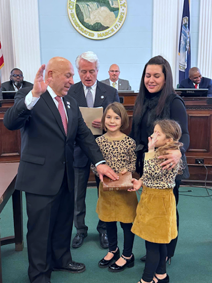 Pictured: Assemblyman Morinello; his daughter, Melissa; granddaughters Giuliana and Raffaella; and City of Niagara Falls Mayor Restaino. Morinello was sworn into office at a ceremony on Monday.