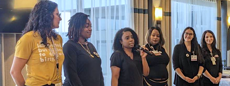 Members of the doula program address attendees at the P3 Center's `Cradle + Care` event. Pictured, from left: Danielle Foti, Tiffany Blackmon, Chinelle Smith, Rachel Brundidge, Ashley Sherwood and Beth Zaker. (Submitted)