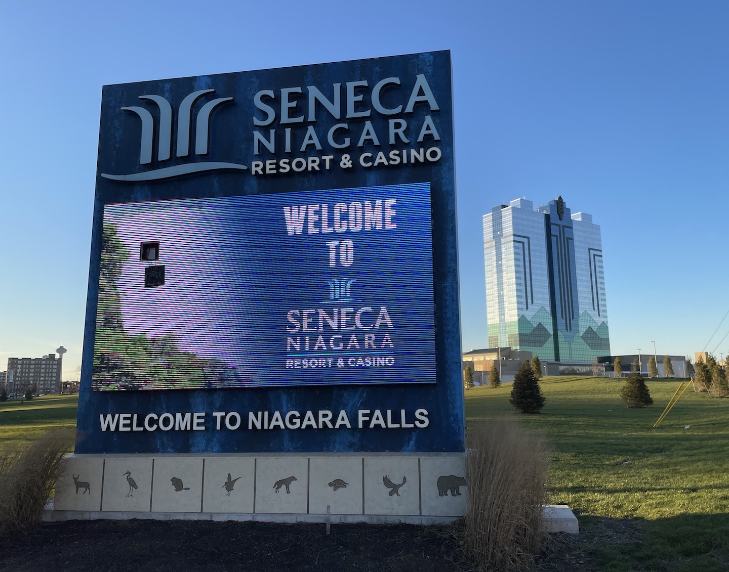 The sign points the way to Seneca Niagara Resort & Casino in downtown Niagara Falls.
