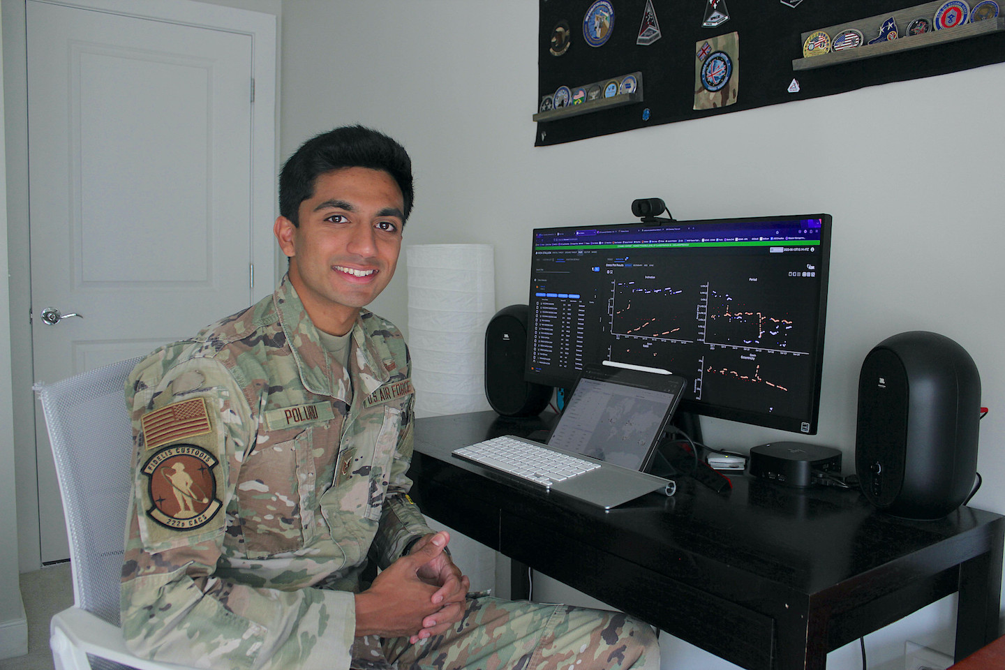 Senior Airman Dhruva Poluru, who has been recognized as the Airman of the Year for the entire Air National Guard, working from his remote office in Chantilly, Virginia. Poluru currently serves with the 222 Command and Control Squadron, a geographically separated unit under the command of the 107th Attack Wing. (U.S. Air National Guard photo by 1st Lt. Jason Carr).