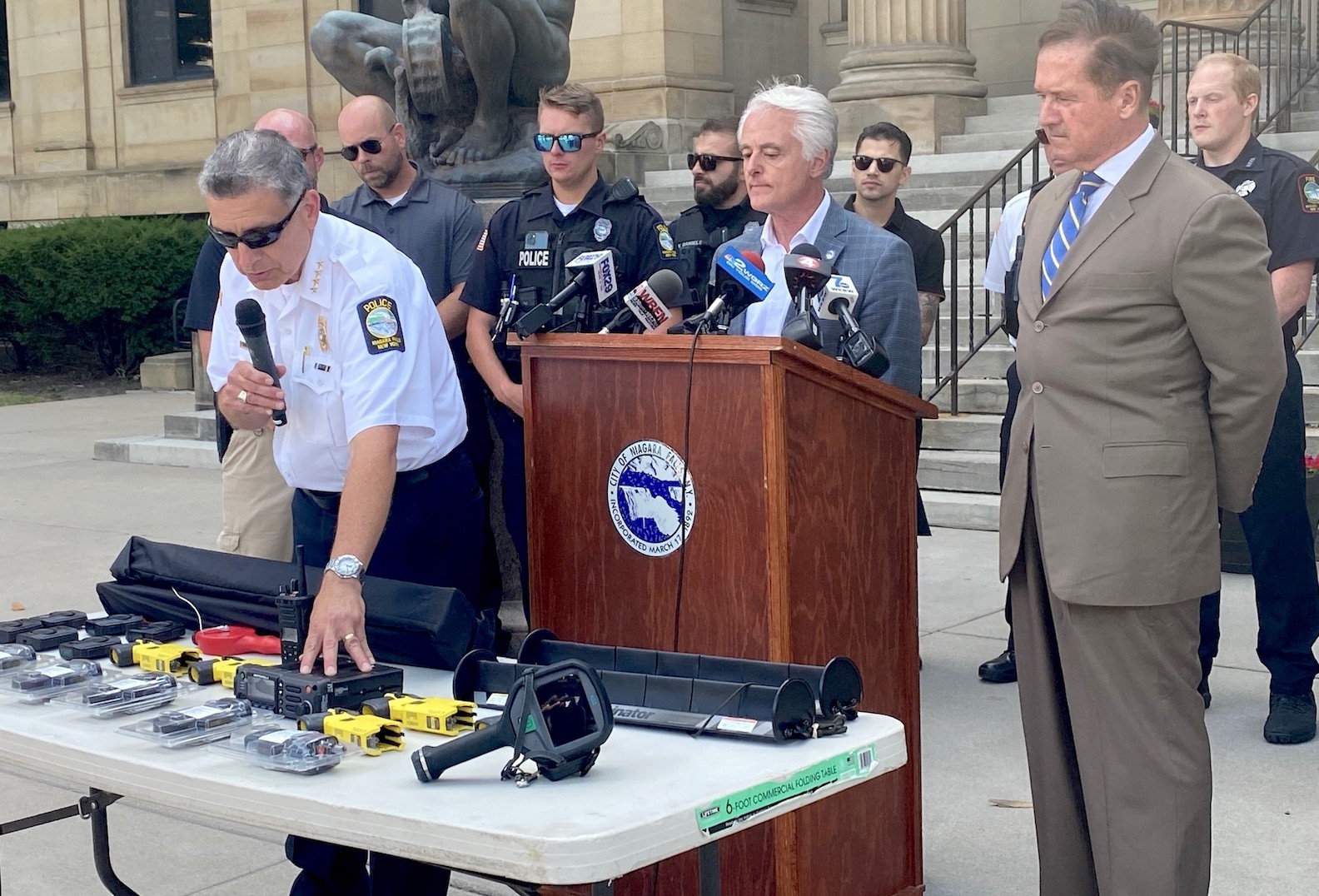 NFPD Superintendent John Faso with new equipment. (Image courtesy of Congressman Brian Higgins' office)