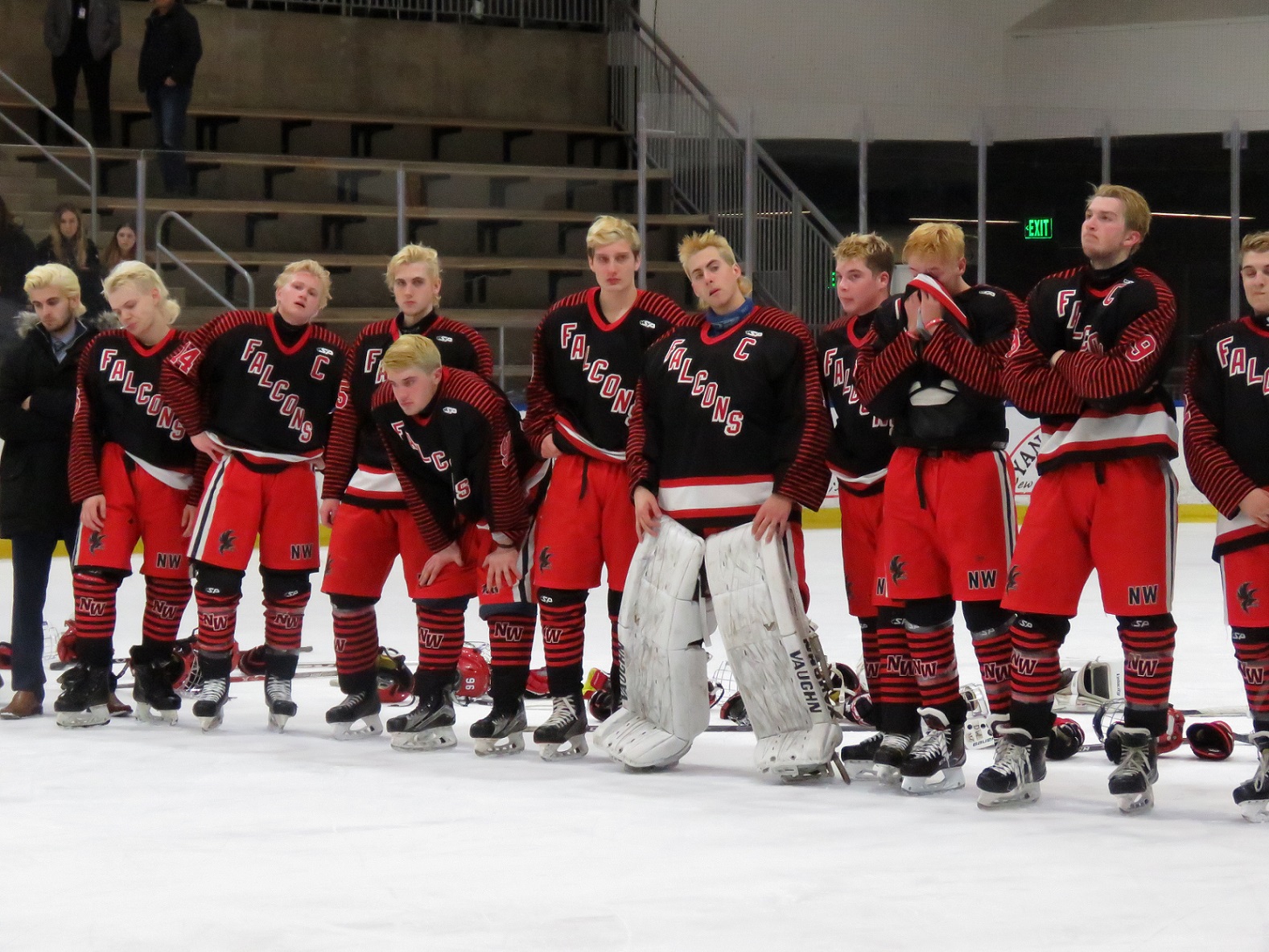 The Niagara-Wheatfield Falcons hockey team stands at the blue line following a 4-0 defeat versus Orchard Park in the Section VI large schools finals. (Photos by David Yarger)