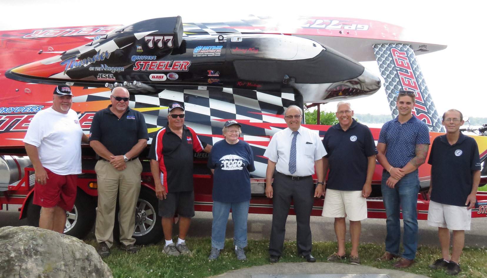 North Tonawanda city officials and Thunder on the Niagara organizers huddle for group photo following Thursday's press conference at Gratwick Riverside Park. The Thunder on the Niagara boat racing event will occur Saturday and Sunday, Aug. 3 and 4 at Gratwick Park. (Photos by David Yarger)