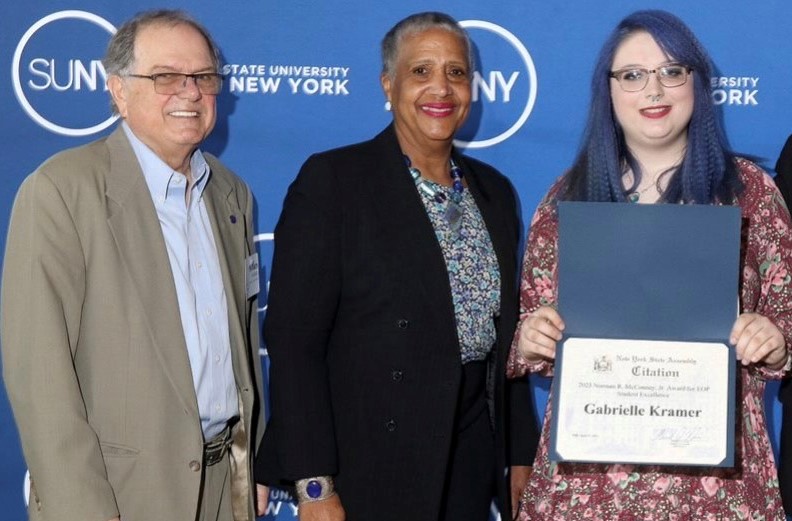 NCCC President William J. Murabito, SUNY Trustee Eunice A. Lewin, and NCCC EOP Student Gabrielle Kramer at the fourth annual EOP Student Excellence Awards Ceremony. (Submitted)