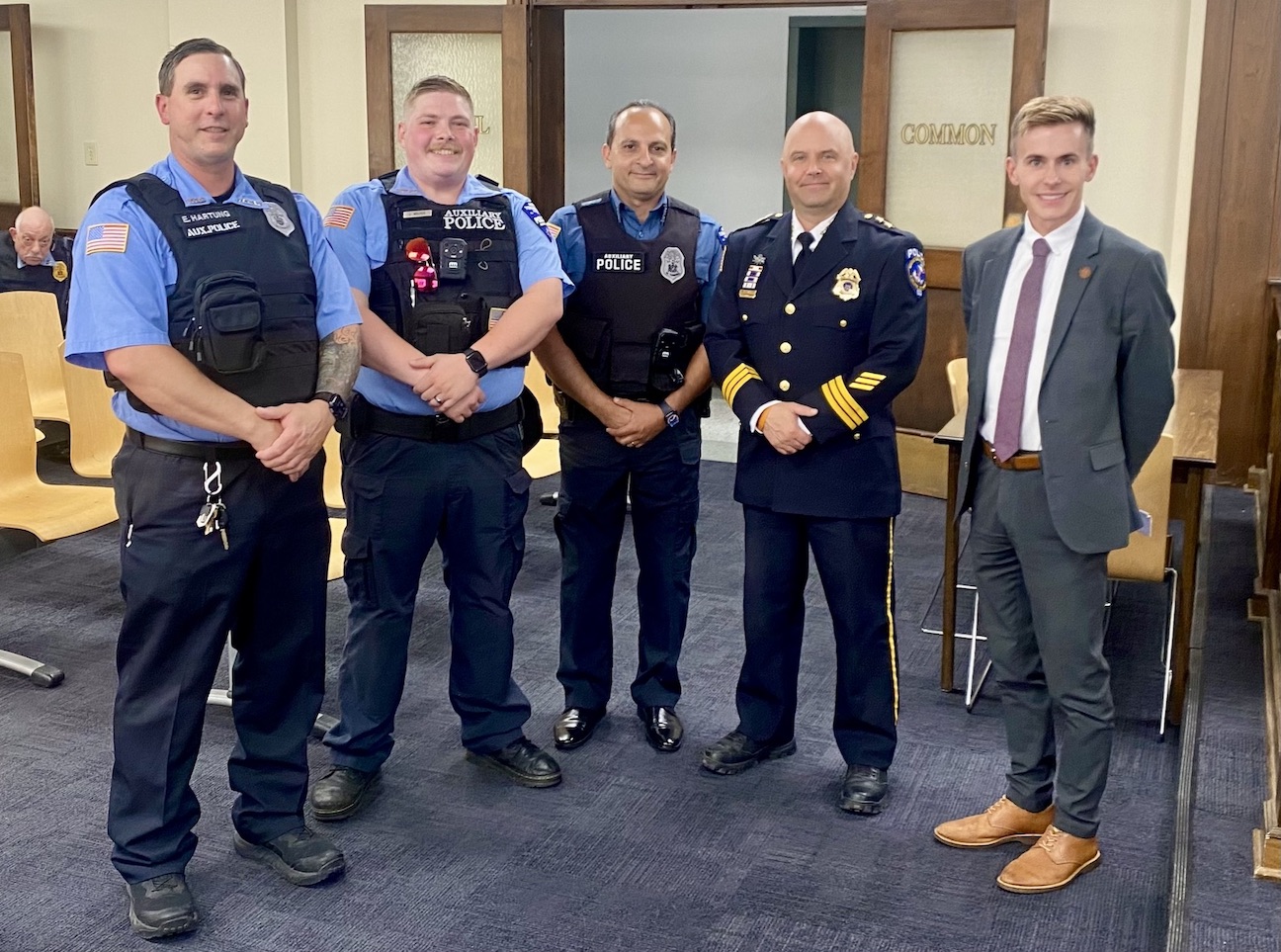 Pictured are newly appointed auxiliary officers Edward Hartung, Lucas Walker and Sherif Hanna, along with Police Chief Keith Glass and North Tonawanda Mayor Austin Tylec. (Submitted photos)