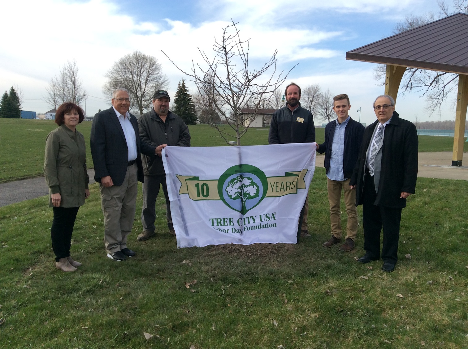Pictured, from left, Parks and Recreation Director Patty Brosius; Alderman-at-Large Robert Pecoraro; Department of Public Works Superintendent Mark Zellner; Senior Forester with the New York State Department of Environmental Conservation Patrick Marren; Alderman-at-Large Austin Tylec; and North Tonawanda Mayor Arthur Pappas.