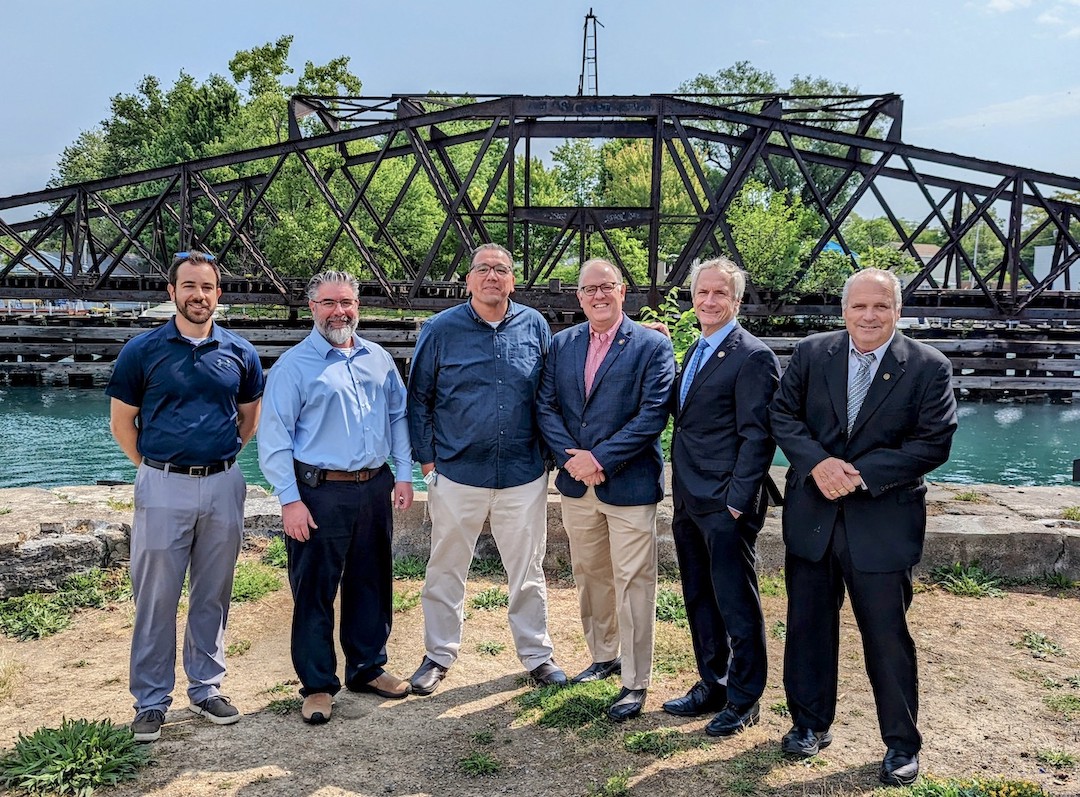 Pictured, from left: Brian Doyle, Jason LaMonaco, Council member Sean Rautenstrauch, Assembly member Bill Conrad, Sen. Sean Ryan and Mayor John White. (Submitted)