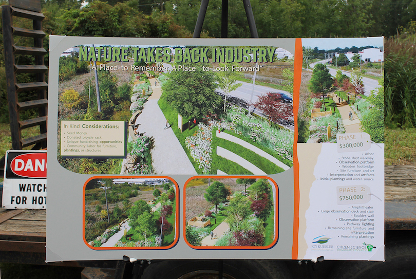 An illustrated poster shows the details of a Community Victory Garden planned for a portion of the site of the former Tonawanda Coke Corp.