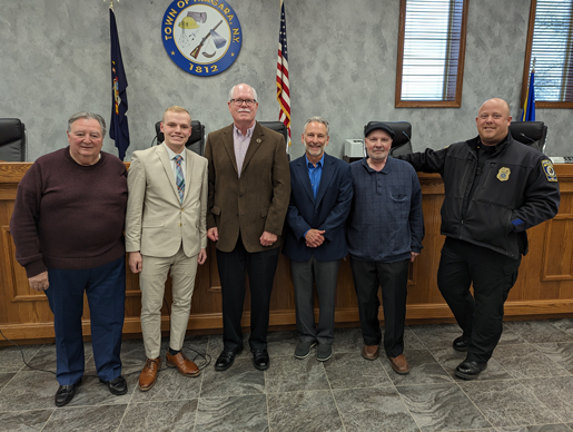 On Tuesday, the Niagara Town Board approved the hiring of Riley MacKenzie as a part-time patrol officer in the town. Pictured, from left: Supervisor Lee Wallace; MacKenzie; Councilman Marc M. Carpenter; Councilman Samuel S. Gatto; Councilman Richard A. Sirianni; and Interim Police Chief Craig Guiliani.