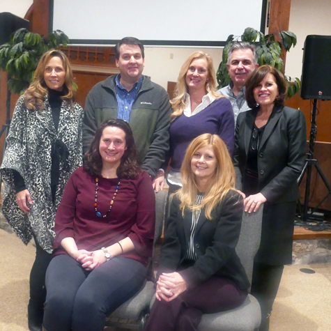 Speakers at a January seminar, as members of a group that has worked on establishing a Family Justice Center satellite, are (seated, from left) Jessica Mazgaj of Trinity Church's Missions Committee and Lauri Wierzbicki, and (standing, from left) Laura Mason, Pastor Kevin Slough, Karen Panzarella, Mark Wierzbicki, and Mary Travers Murphy.