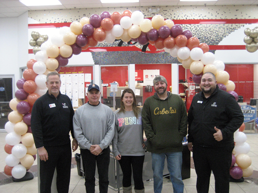 Pictured, from left: Toyota manager Tom Fogarty, prize winner Bill Stevenson, winners Denise Christy and Tony Sterns, and Chevrolet manager Ronnie Mansour. Absent were prize winner Jennifer Cich and Hyundai manager Russ Tabone.