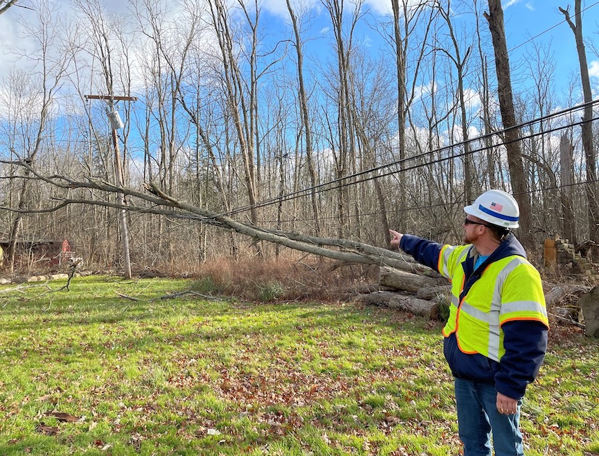 National Grid employee points out electrical wire pulled down by a falling tree on Westwood Drive (Photo submitted by National Grid).