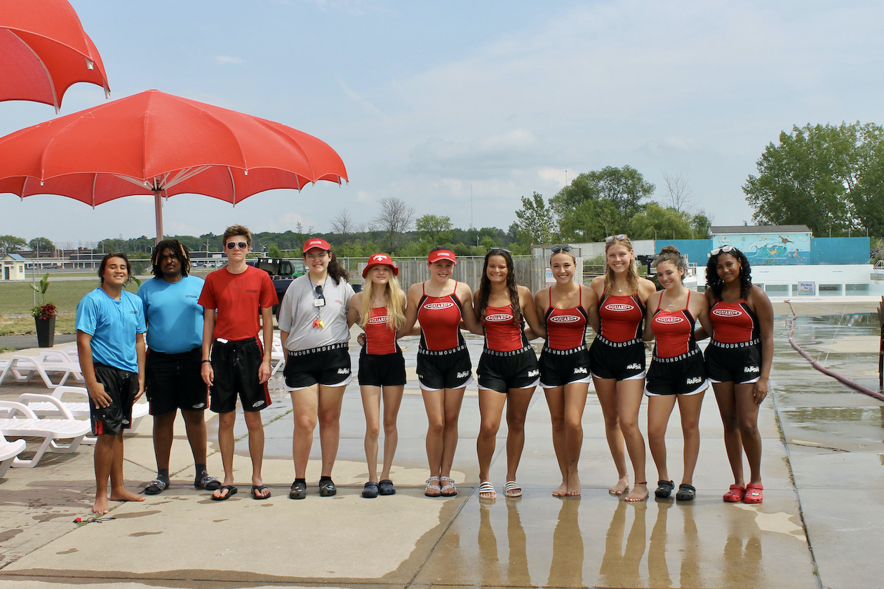 Lifeguards pose for a photo Wednesday in the water park section of Niagara Amusement Park and Splash World, the former Fantasy Island, at 2400 Grand Island Blvd. The water park will open this weekend. (Photo by Karen Carr Keefe)