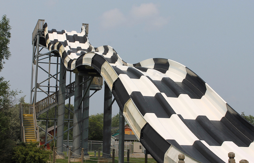 A black and white water slide towers over the landscape at the soon-to-be-open Splash World, formerly part of Fantasy Island, at 2400 Grand Island Blvd.