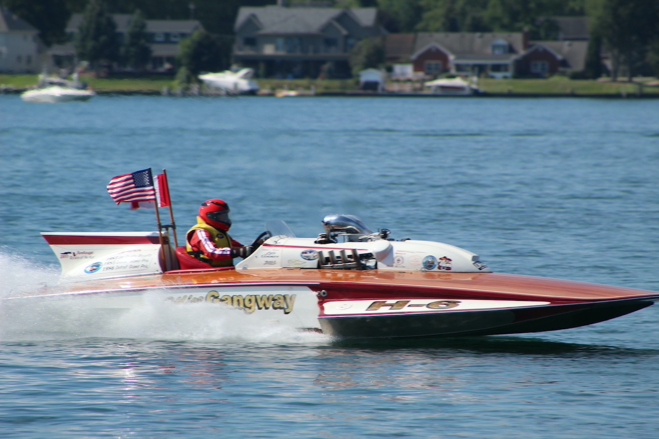 Lyle Dinsmore makes a pass in his vintage wooden hydroplane.