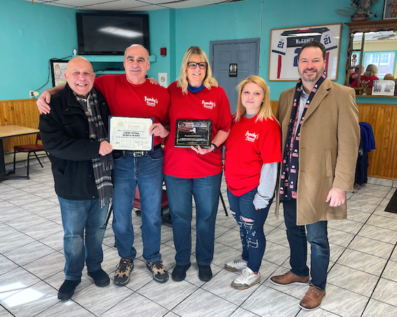 Sen. Rob Ortt and Assemblyman Angelo Morinello recognize Frenchy's Pizzeria with the Small Business of the Month Award. From left: Morinello, owners Vic and Judy Muto, manager Mikayla Magliazzo, and Ortt. (Submitted photo)