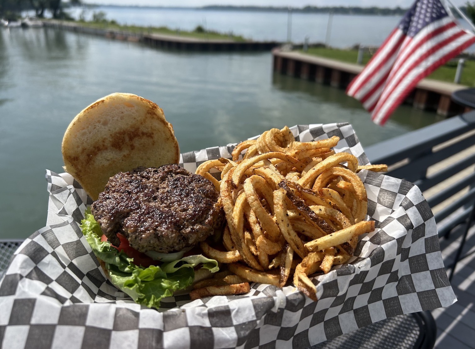 Lumberjack's Waterfront Patio Grill's burger and fries are award-winning favorites. Diners have a can't-beat view while eating at the NT restaurant. (Submitted)