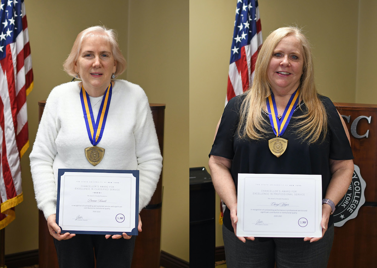 Donna Simiele and Cheri Yager with their SUNY Chancellor's Award. (Photos courtesy of NCCC)