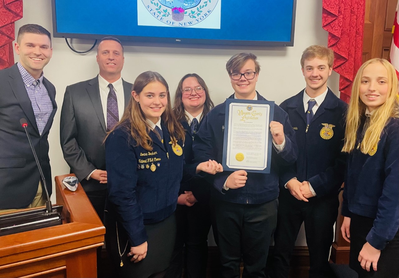 Pictured, from left: Roy-Hart agriculture teacher and FFA adviser Matthew Sweeney, Legislator Mike Hill, and Roy-Hart students Lorna Becker, Vanessa Grant, Garrett Armenia, Nicholas Armenia and Cayla Burch. (Submitted) 