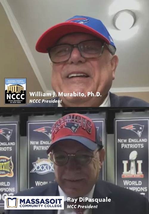 In a virtual meeting between Niagara County Community College President William J. Murabito and Massasoit Community College President Ray DiPasquale, they discussed a wager for the Buffalo Bills vs. New England Patriots playoff game set to take place Saturday at Highmark Stadium in Orchard Park. (NCCC photo)