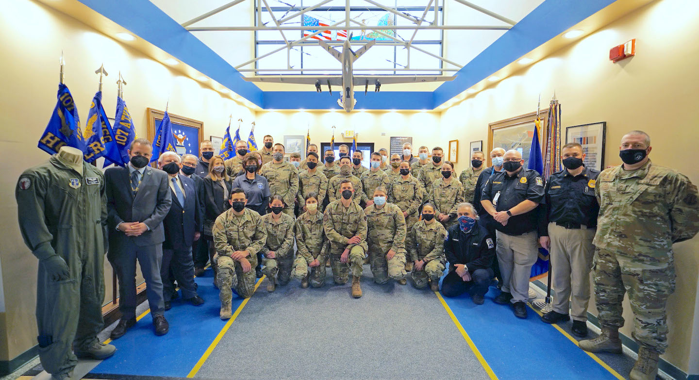 Pictured are the student graduates from the 107th New York Air National Guard and associated leadership, representatives from the New York State Department of Health, course instructors and members of Niagara County Community College administration. (NCCC photo)