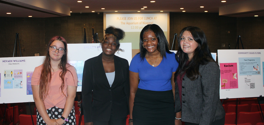Niagara University public health youth ambassadors Rose Bright, Nevaeh Williams, Nye'Aria Brown and Ayla Patterson presented the work they completed over the seven-week program during a celebration at the Niagara Falls Public Library on Aug. 18.