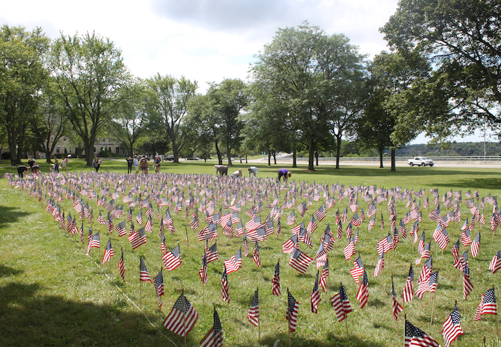 Criminal justice students plant American flags on the lawn of the Niagara University campus to commemorate the lives of the victims of the attacks on 9/11. (NU photo)