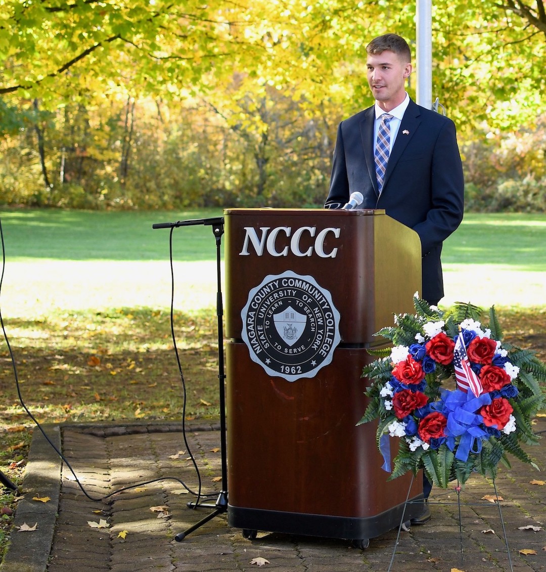 United States Marine Corps. veteran Joseph Karl gives the student address at the annual NCCC Veteran's Day ceremony. (Submitted photo)