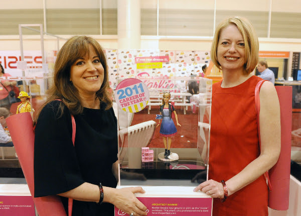 Despina Stratigakos (left) and Kelly Hayes-McAlonie are pictured in 2011 with the Architect Barbie doll they developed with Mattel. (Photo provided by the University at Buffalo)