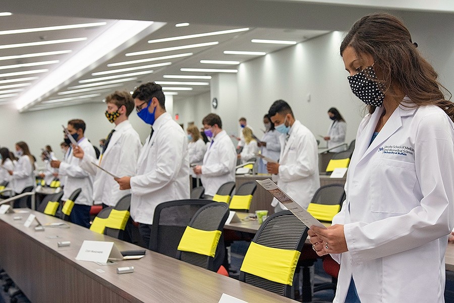 In August 2020, medical students participated in a socially distanced white coat ceremony during the COVID-19 pandemic. (Photo by Sandra Kicman)