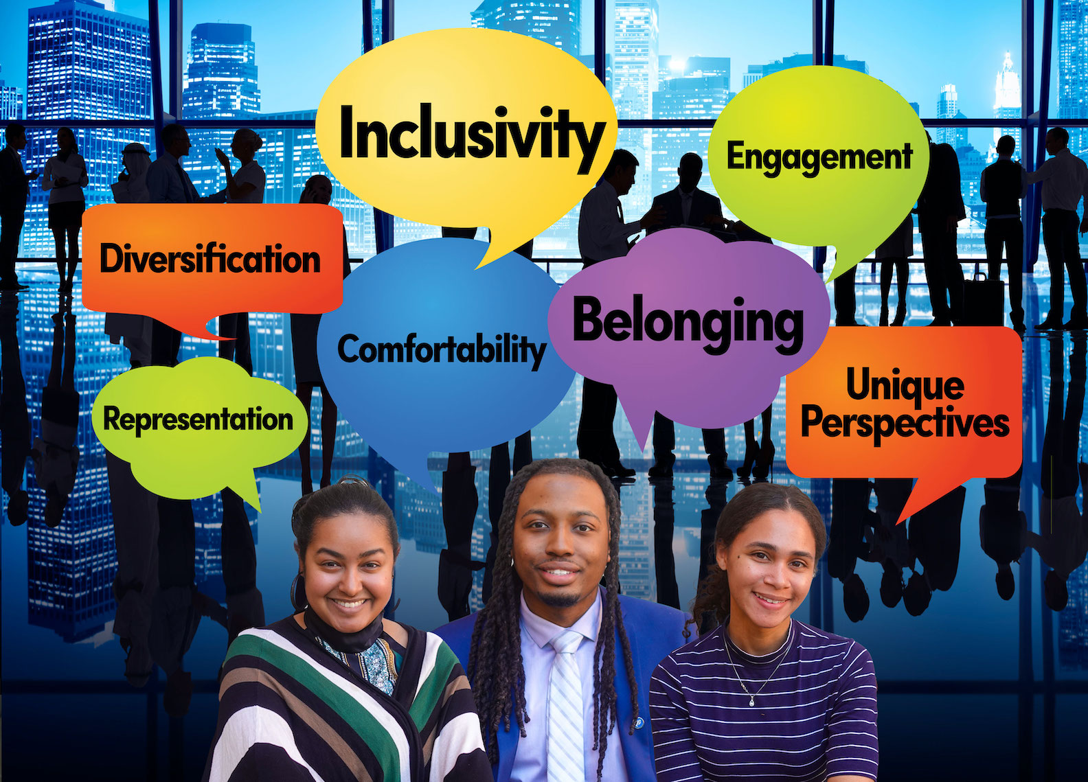 From left, Sonya A. Tareke, Malkijah Griffiths and Janelle Fore of Team Real Talk, which promotes diversity, equity and inclusion efforts within institutions through guided social discussion. (Photo illustration: Douglas Levere/image courtesy of the University at Buffalo)