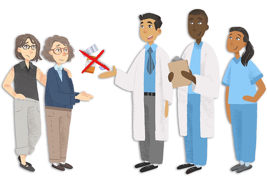 A screenshot from a Team Alice video, which advises patients to carry a list of their medications and to speak up about their concerns with their health care providers.