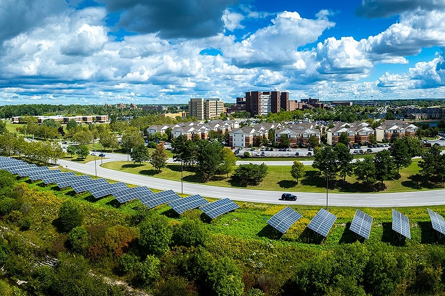 New solar arrays on university-owned property, such as this one on the North Campus, are one way UB is leveraging renewable energy to achieve its aggressive goal of being climate neutral by 2030. (Photo by Douglas Levere/courtesy of the University at Buffalo)