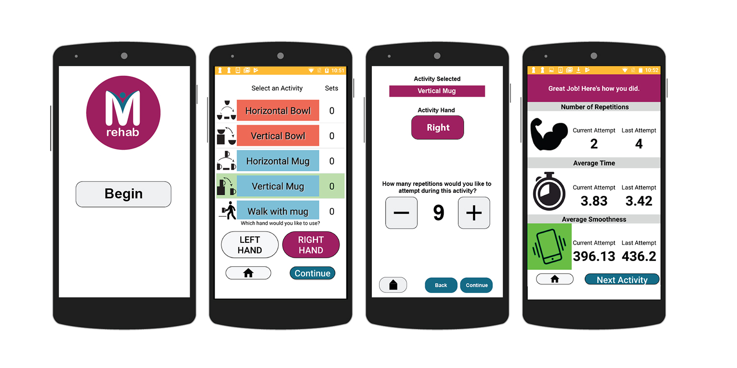 These screen simulations show the user interface for the mRehab smartphone app that UB researchers created as part of a program to help stroke survivors recover at home. (Courtesy of UB)