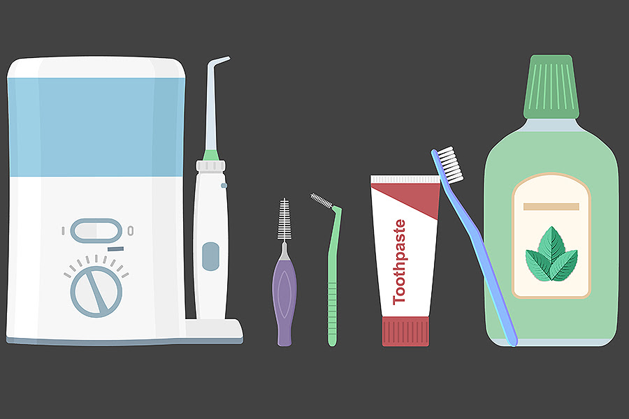 Proven oral hygiene tools include the basic toothbrush; interdental brush; water pick; and CHX, CPC and essential oil (Listerine) mouth rinses. (UB graphic)
