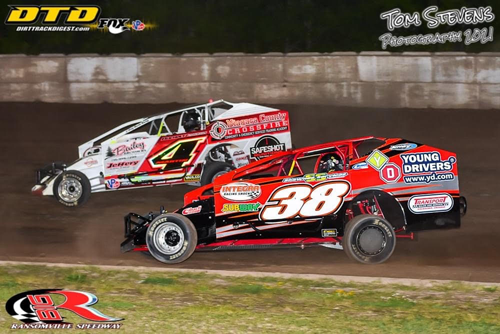 Greg Martin (4) and Ryan Susice (38) race in their 358 Modifieds in 2021. In 2022, both will be officials for the Thursday night go-kart program (Photo by Tom Stevens/courtesy of Ransomville Speedway)