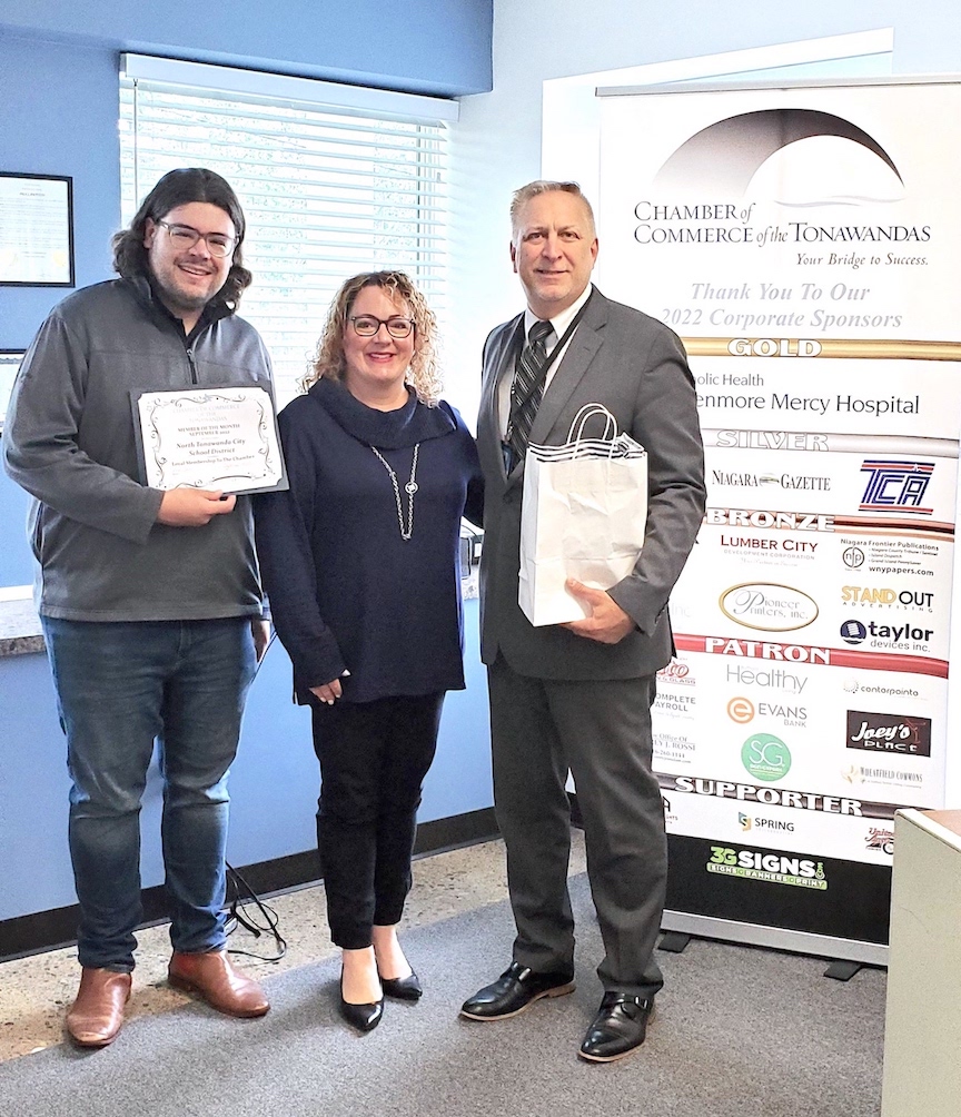 Pictured, from left: NTCSD Board President Matthew Kennedy, Chamber of Commerce of the Tonawandas Executive Director Sarah Nelson and Superintendent Gregory J. Woytila. (Submitted)