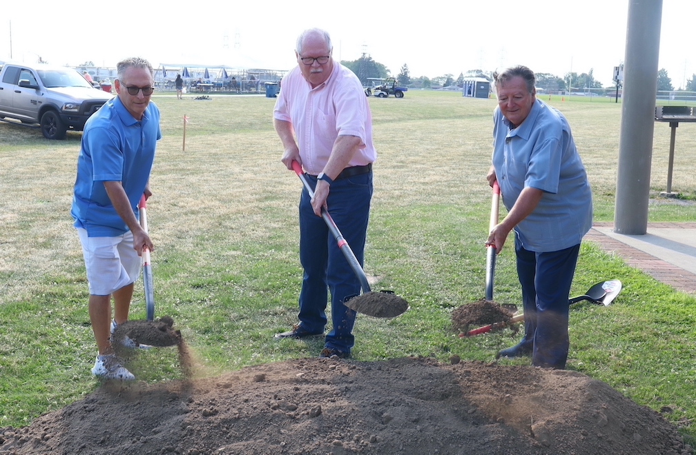Councilman Samuel Gatto, Councilman Marc Carpenter, Supervisor Lee Wallace take part in a groundbreaking ceremony for phase III and phase IV of the Veterans Memorial Community Park master plan.