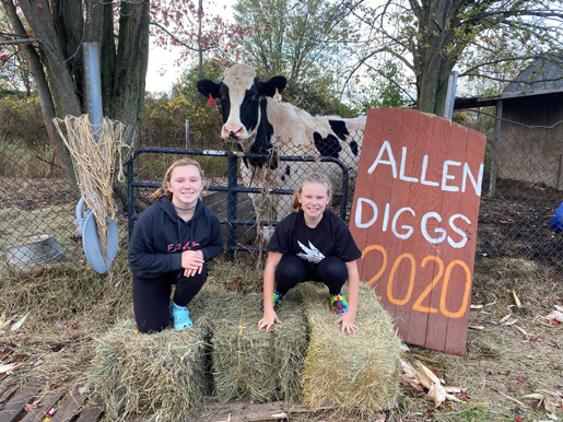 Caley and Penny Vester are pictured with `Josh Allen,` the Wheatfield Pumpkin Farm's 2,000-pound steer. They have been visiting the farm with their parents since they were toddlers.