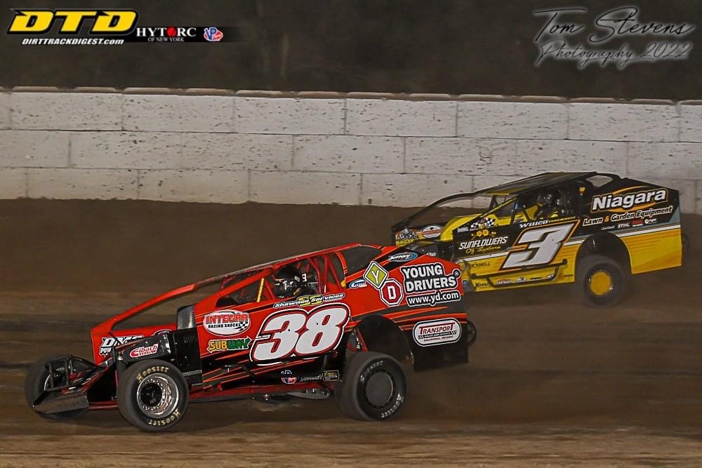 Ryan Susice and Chad Brachmann racing in 358 Modified competition. (Photo by Tom Stevens/courtesy of Ransomville Speedway)