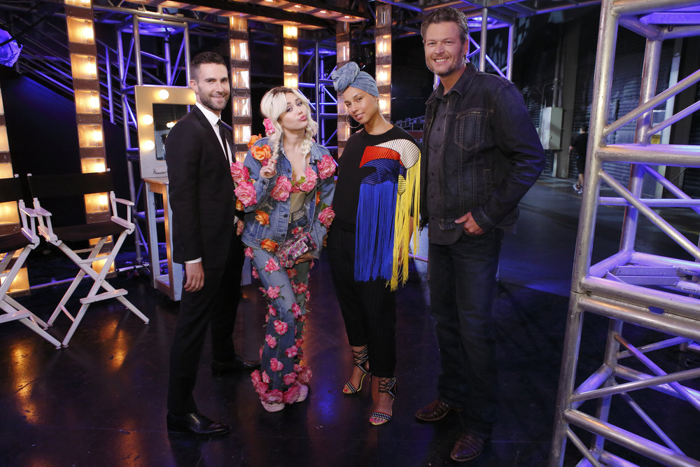`The Voice` Blind Auditions: Pictured, from left, are coaches Adam Levine, Miley Cyrus, Alicia Keys and Blake Shelton. (NBC photo by Trae Patton)