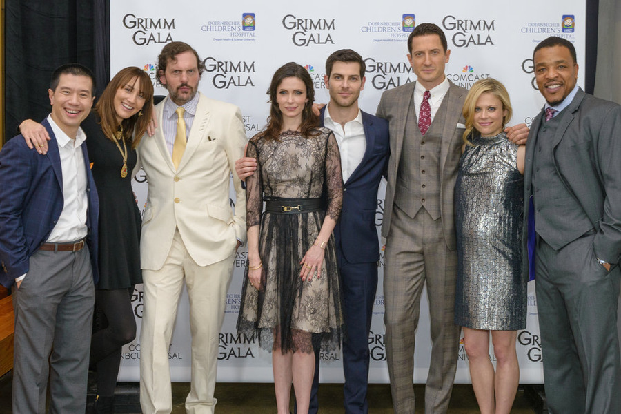 `Grimm Gala`: Pictured, from left: Reggie Lee, Bree Turner, Silas Weir Mitchell, Bitsie Tulloch, David Giuntoli, Sasha Roiz, Claire Coffee and Russell Hornsby at The Grimm Gala Saturday at the Exchange Ballroom. (NBC photo by Andie Petkus) 