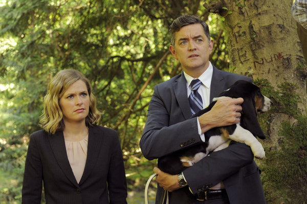 `Psych`: Pictured, from left: Maggie Lawson as Juliet O'Hara, and Timothy Omundson as Lassiter. (USA Network photo by Alan Zenuk)