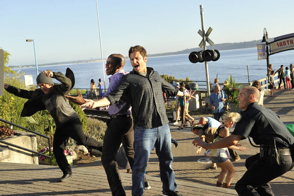 `Psych The Musical`: Pictured, from left: Dulé Hill as Burton `Gus` Guster and James Roday as Shawn Spencer. (USA Network photo by Alan Zenuk)