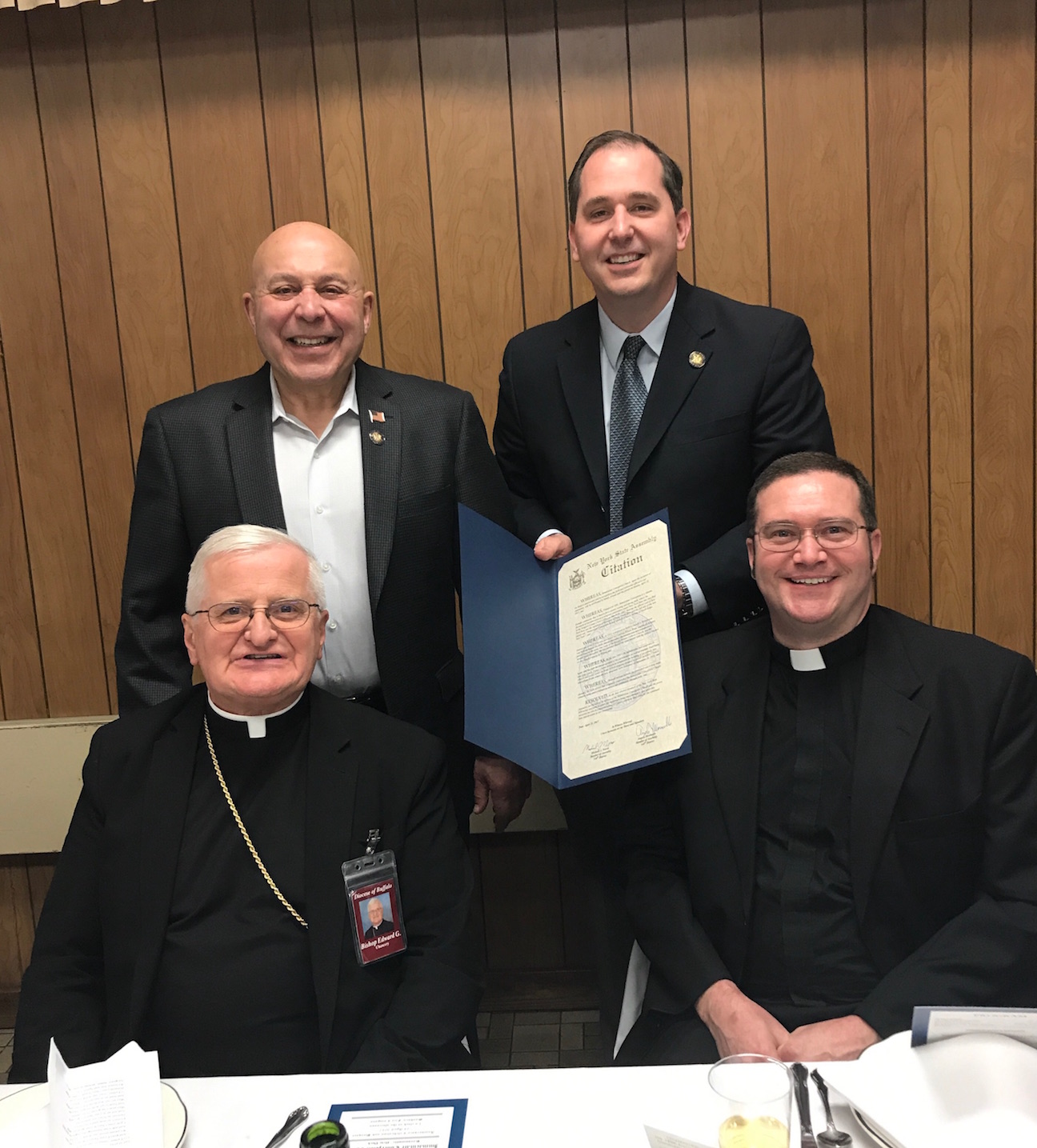 Assemblyman Angelo J. Morinello joins Assemblyman Mike Norris, Bishop Edward Grosz and Immaculate Conception Church Pastor Jim Bastian for the 125th anniversary celebration.