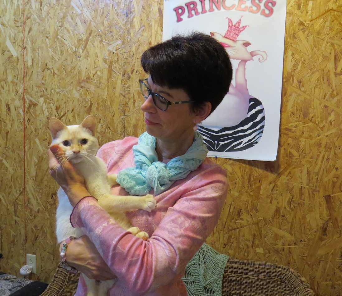 Karen Nowak in the cat room with Olaf.